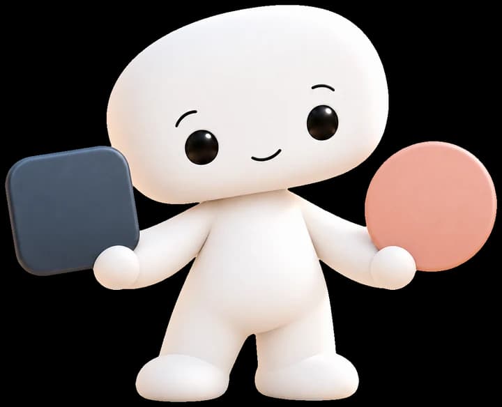 Miph, a small round white character, holding a dark square and a clay circle apart